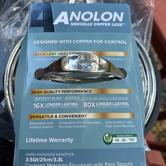 ANALON NOUVELLECOPPER LUXE NONSTICK STRAINIUNG SAUCEPAN 3.5 QUART - Picture 1 of 3